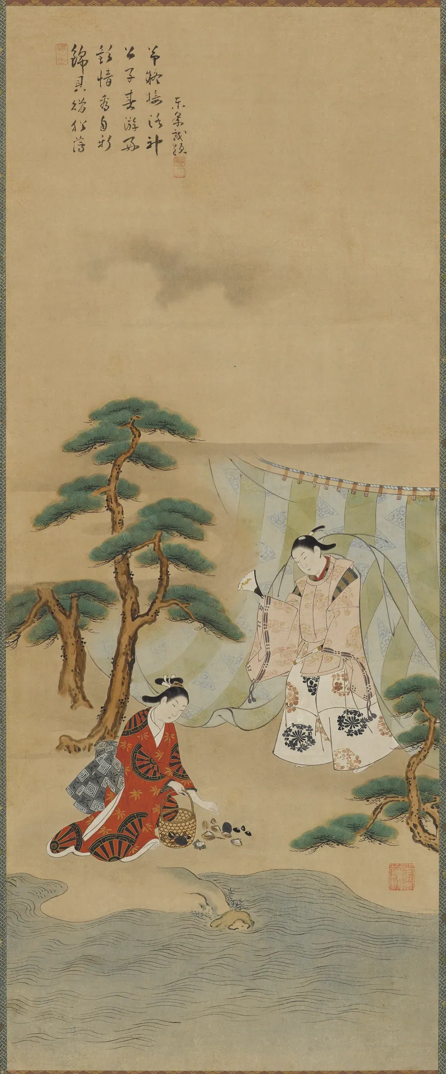 Young man and a young woman on the seashore by Kawamata Tsuneyuki 川又常行 (1676?-1741?)