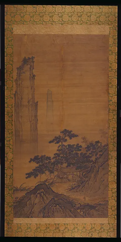 Viewing distant peaks from a mountain pavilion