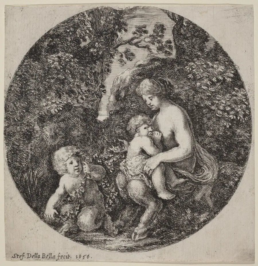 Female Satyr Nursing a Child in a Wooded Landscape by Stefano Della Bella