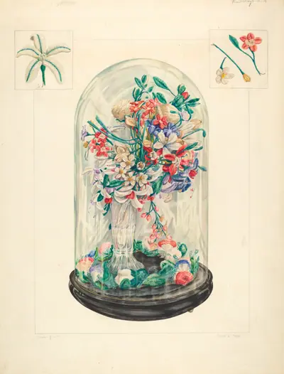 Wool Flowers Under Glass