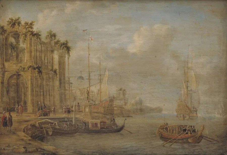 Havnebillede med antikke ruiner by Jacobus Storck
