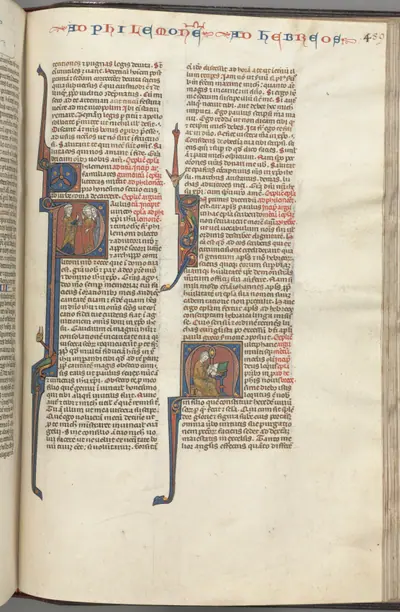 Fol. 459r, Philemon, historiated initial P, Paul addressing three men and Hebrews, historiated initial M, Paul seated at a desk, writing