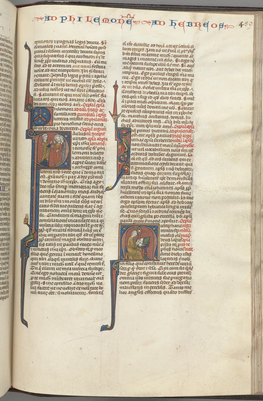 Fol. 459r, Philemon, historiated initial P, Paul addressing three men and Hebrews, historiated initial M, Paul seated at a desk, writing