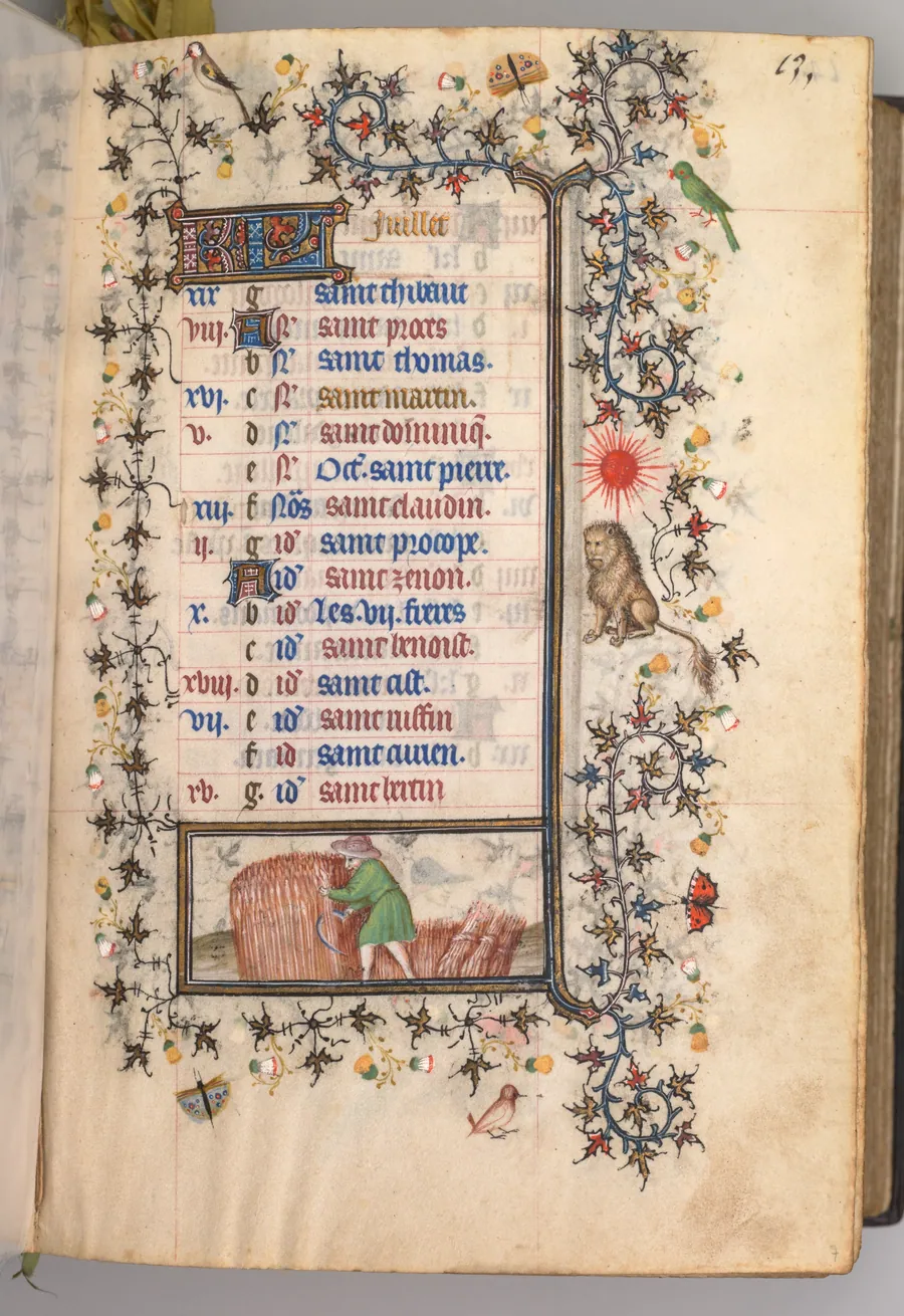 Hours of Charles the Noble, King of Navarre (1361-1425): fol. 7r, July by Master of the Brussels Initials and Associates