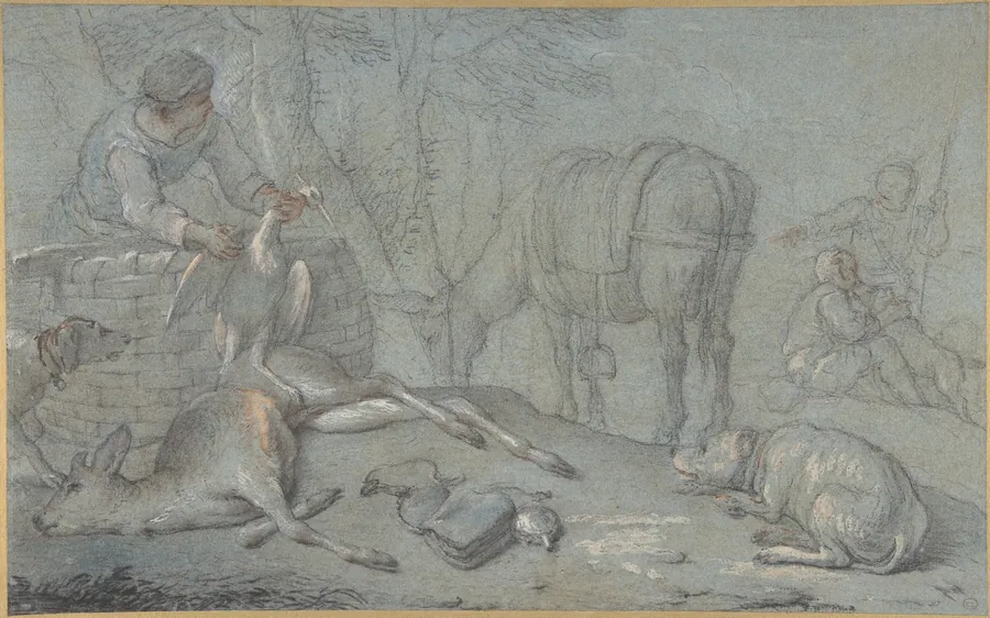 Hunters with Dead Game in a Landscape by Giovanni Agostino Cassana