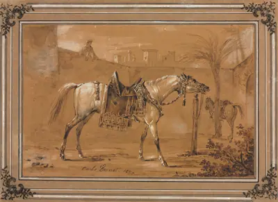 Saddled Arabian Horse in Courtyard