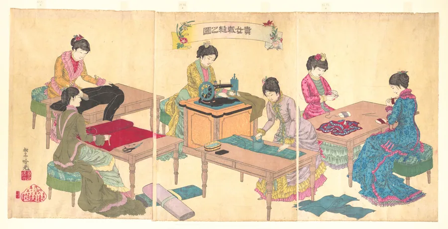 安達吟光画　『貴女裁縫之図』|Ladies Sewing  (Kijo saihō no zu) by Adachi Ginkō
