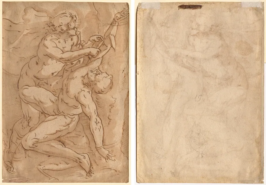 Apollo Flaying Marsyas (recto); Two Sketches of a Mother and Child (verso) by Anonymous