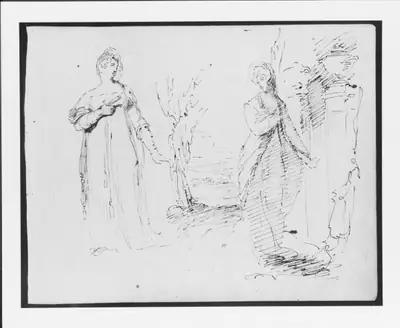 Two Standing Women Flanking an Opening onto a Landscape, Two Pedistals with Urns at Right (from Sketchbook)