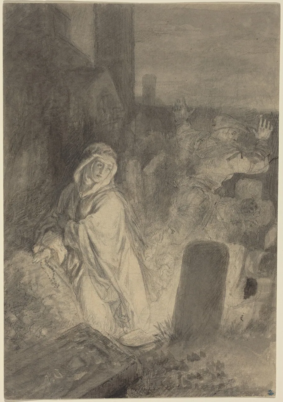 A Man Fleeing from a Nun Praying in a Cemetery by Joseph Fay