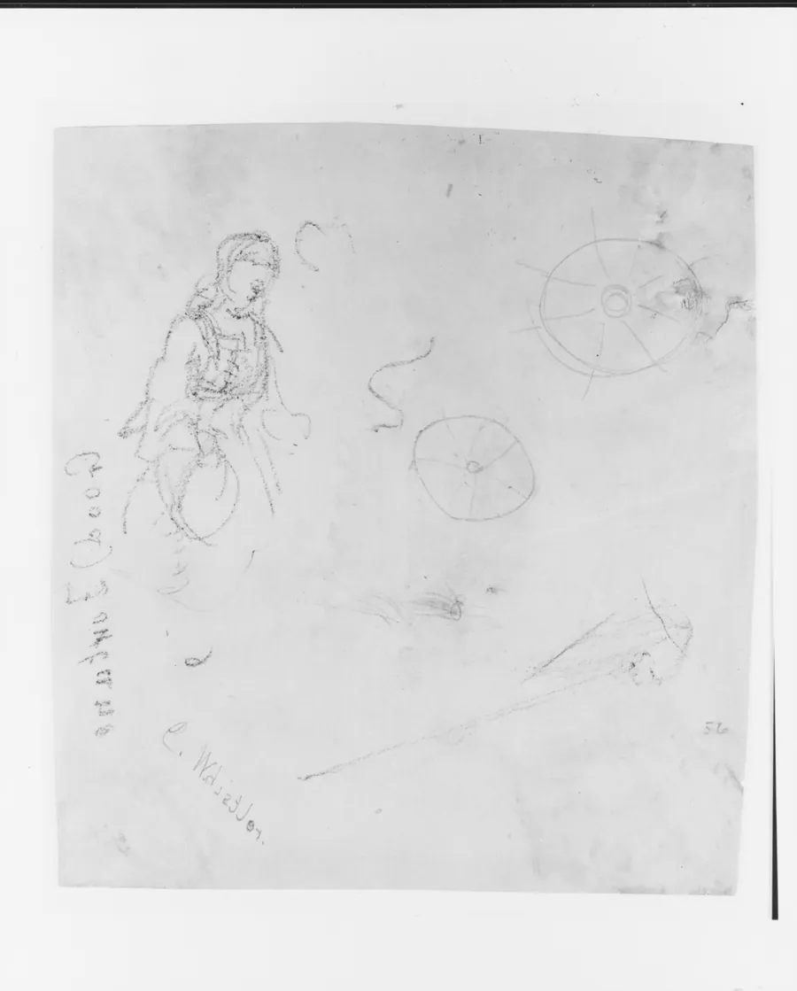 Female Figure; Wheels; Autograph (from Sketchbook) by James McNeill Whistler