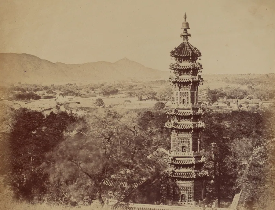 View of the Summer Palace Yuen Min Yuen, Pekin, Showing the Pagoda Before the Burning, October 1860 by Felice Beato