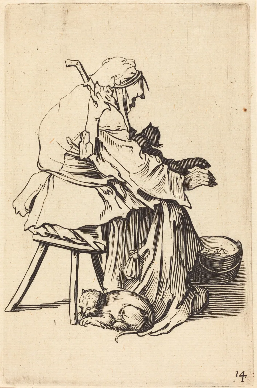 Old Woman with Cats by French 17th Century