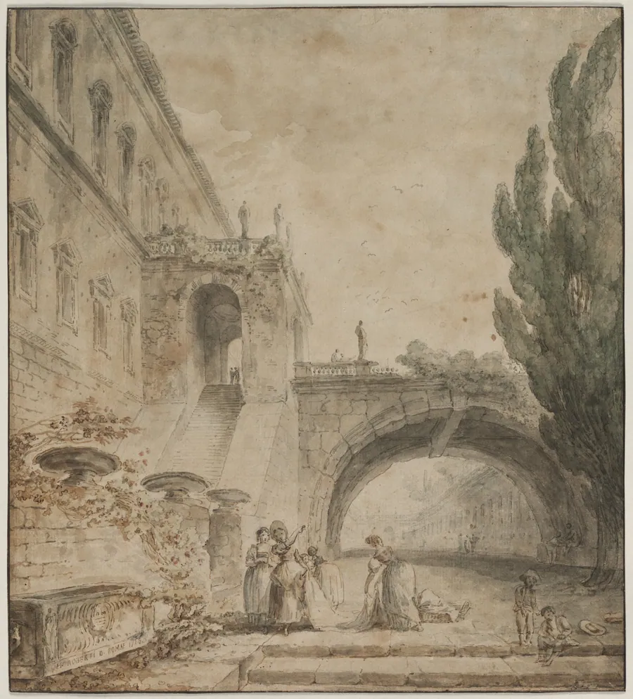 A Palace with an Arched Bridge (A Roman Villa) by Hubert Robert