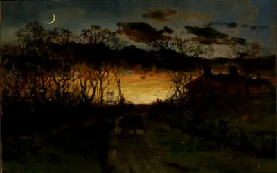 Untitled (sunset with quarter moon and farmhouse)