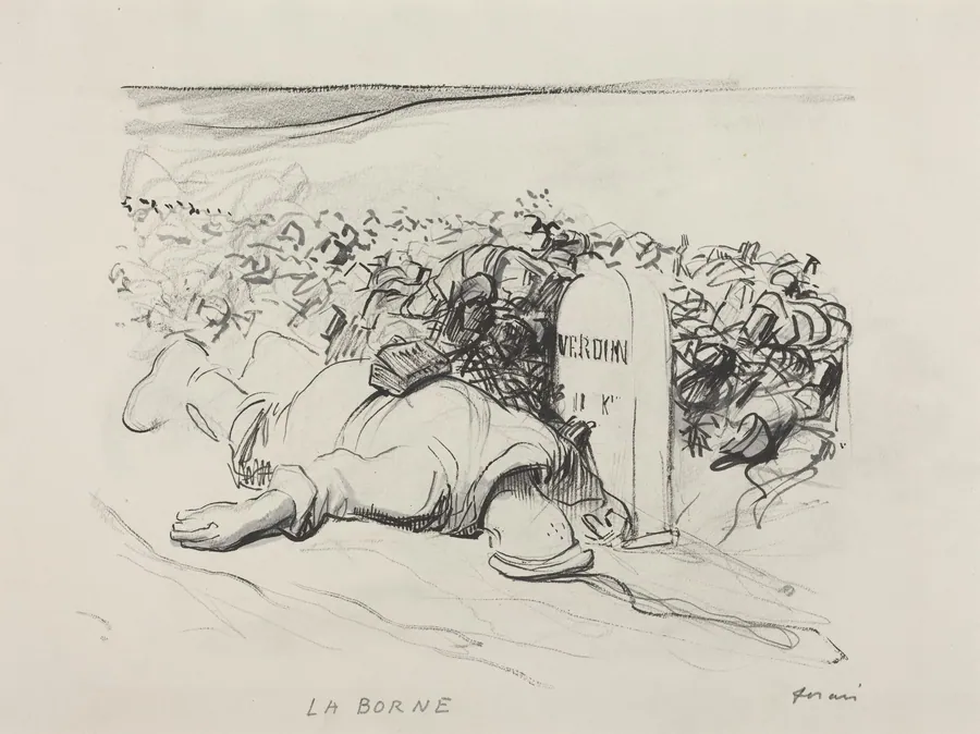 a) La Borne, Verdun (recto); b) Wounded Soldier and First-Aid Man (verso) by Jean-Louis Forain