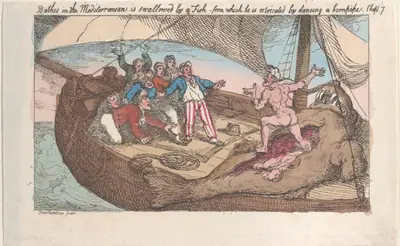Bathes in the Mediterranean, is swallowed by a fish, from which he is extricated by dancing a hornpipe