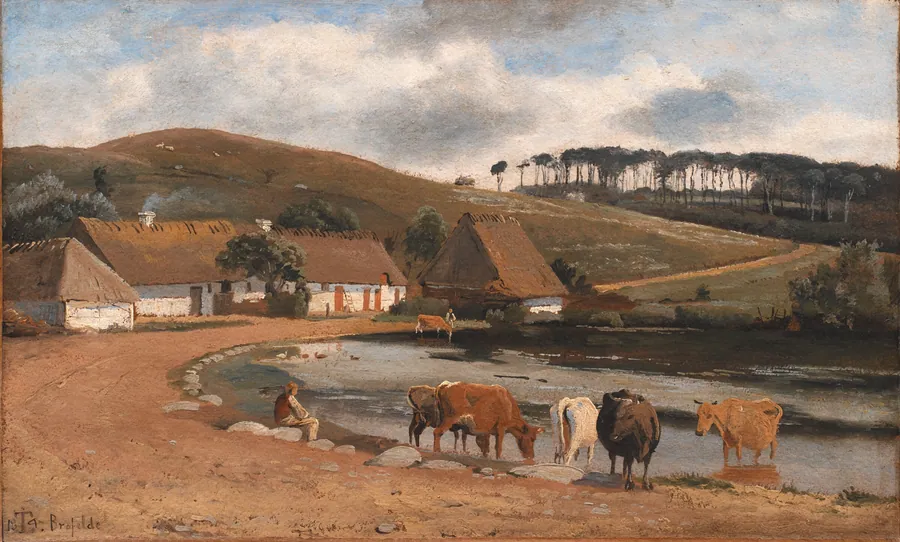 Køer vandes ved et gadekær. Brofelde by Johan Thomas Lundbye