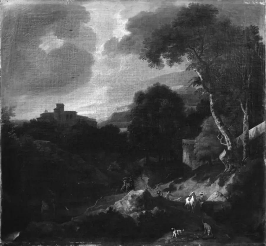 Bjerglandskab med et kloster by Abraham Genoels