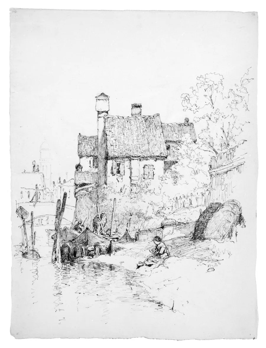 Sketch of House and Canal (Possibly in Venice) by Andrew Fisher Bunner