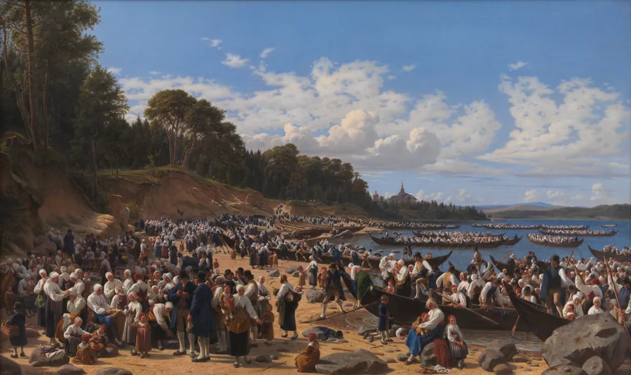 Kirkefærd i Dalarne i Sverige. Til Leksands sognekirke i Dalarne kommer folket i deres store kirkebåde over Siljansøen om søndagen til gudstjeneste by Wilhelm Marstrand