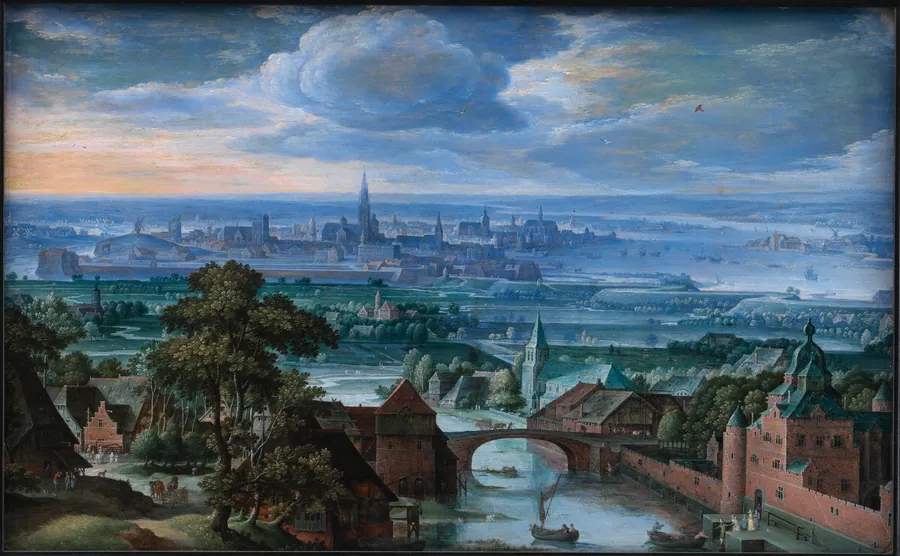 Landskab med prospekt af Antwerpen by Hans Bol