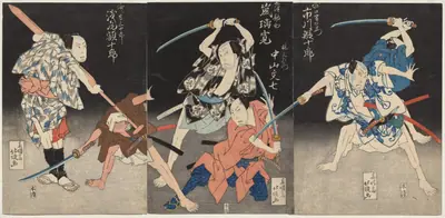 Ichikawa Ebijūrō II as Horiguchi Manzaemon (right), Arashi Rikan II as Kizu Kansuke, Nakayama Bunshichi III as Hayashi Sanzemon (center), and Asao Gakujurō as the Ferryman Sanjūrō (left) from the Kabuki Play "Eight Views of the Kizu River by Boating Song"