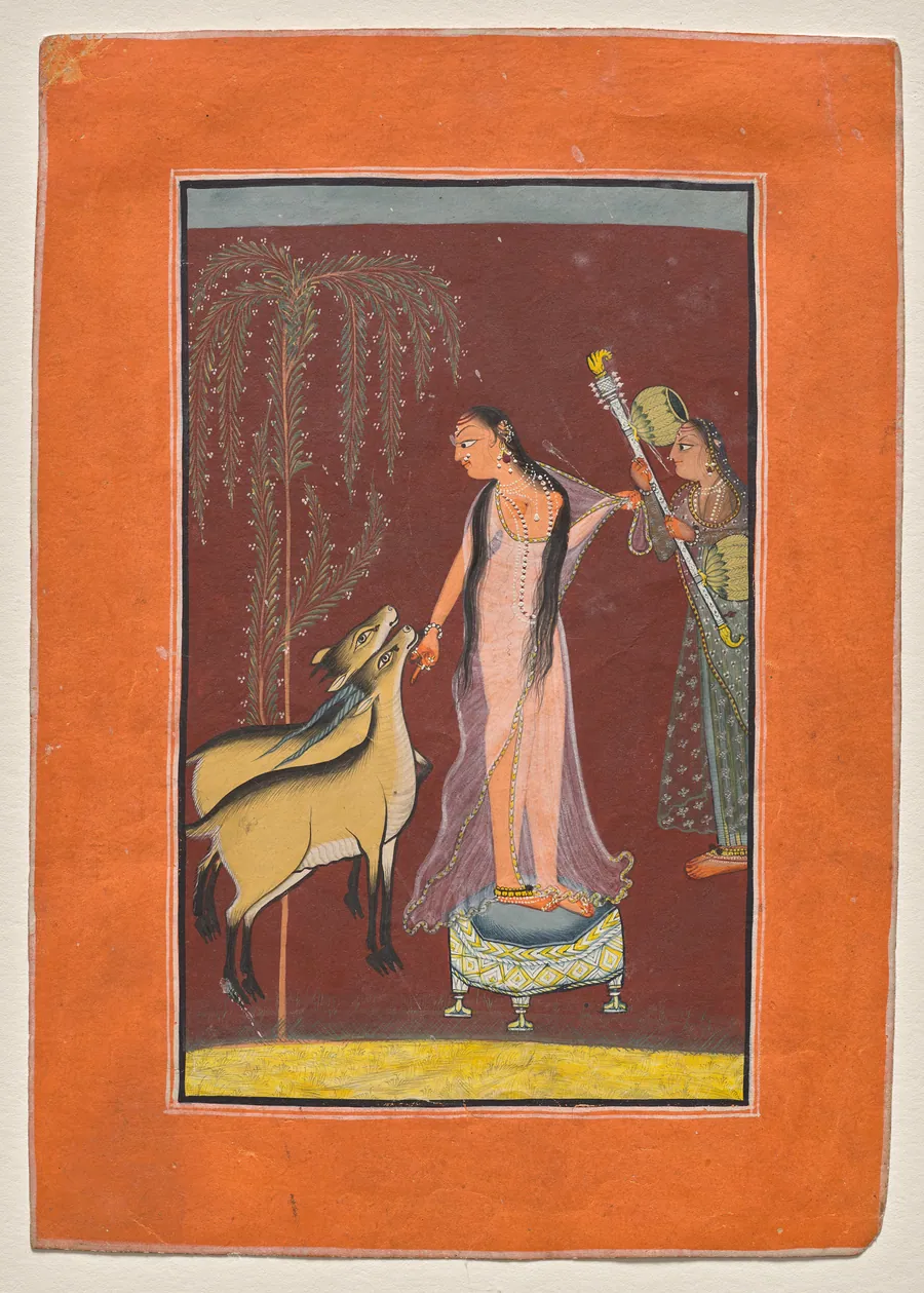 Heroine with attendant and a pair of deer