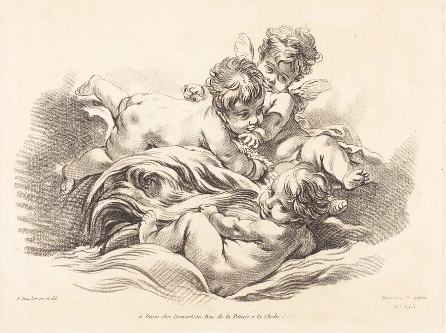 Three Cherubs Playing on Dolphin Like Wave by Gilles Demarteau the Elder