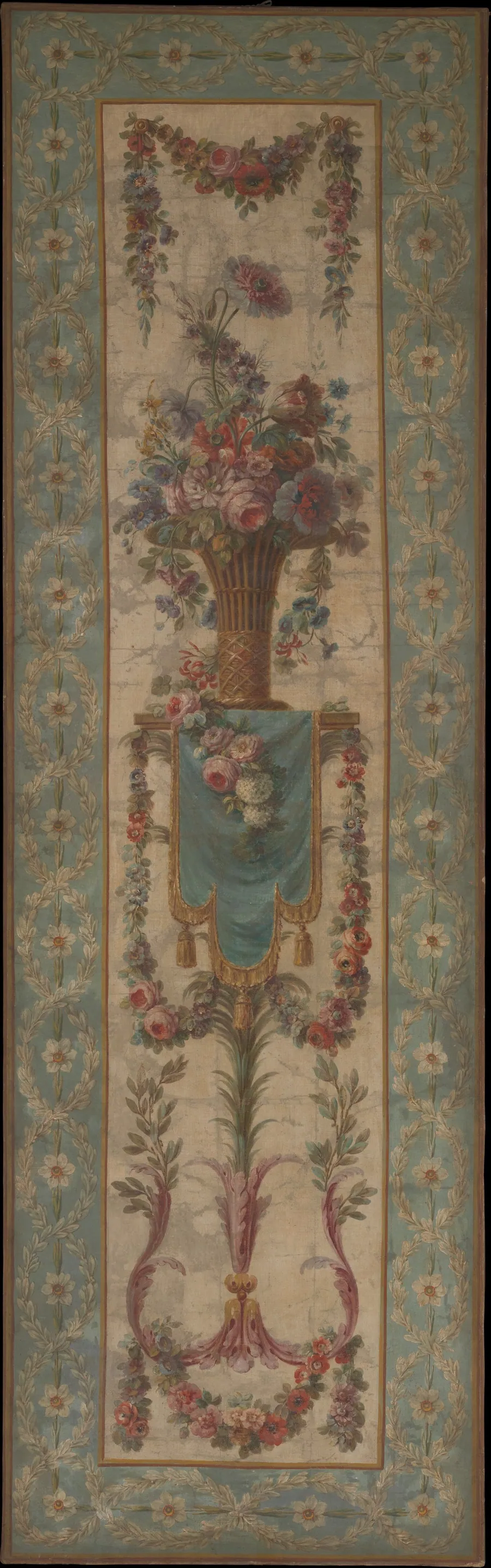 Basket of flowers with garlands by French Painter