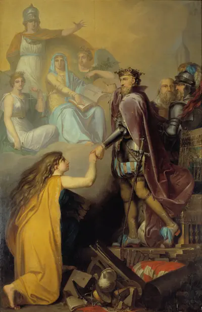 Christian III ophjælper Danmark. Allegori