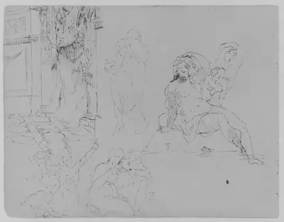 Doric Rotunda Interior with Curtains; Four Figure Studies, Including a Female Nude Bather with Putti, and a Martyrdom [of St. Bartholomew?] (from Sketchbook)