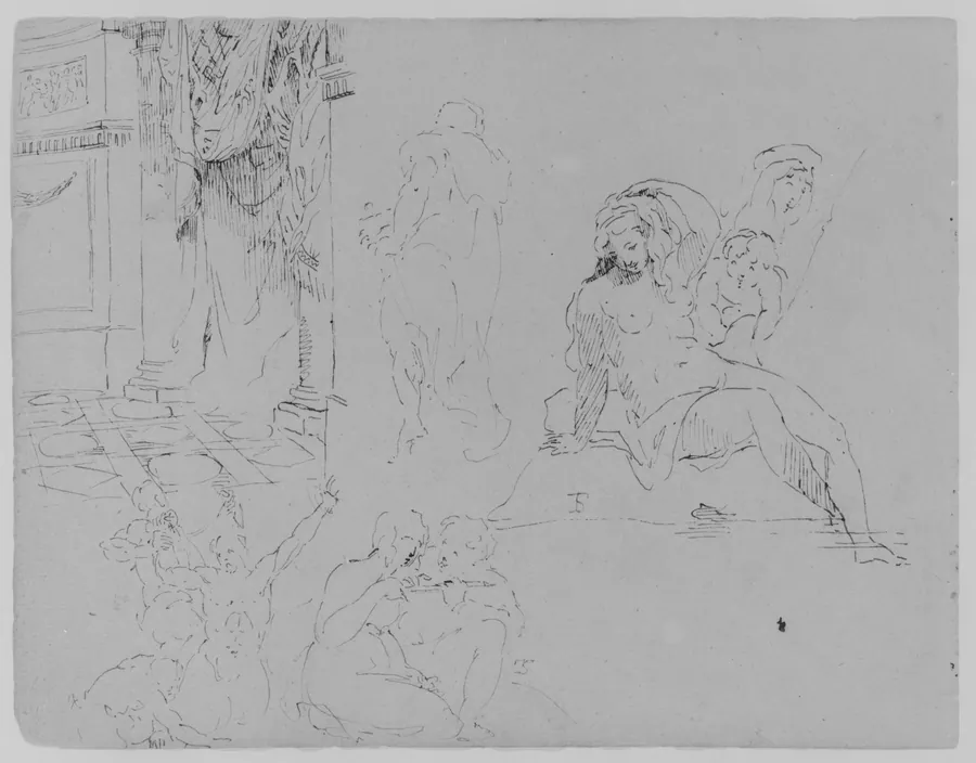 Doric Rotunda Interior with Curtains; Four Figure Studies, Including a Female Nude Bather with Putti, and a Martyrdom [of St. Bartholomew?] (from Sketchbook) by Thomas Sully