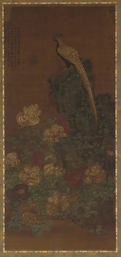 A pheasant, a rock, and peonies
