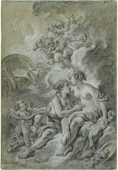 Venus appuyee sur son cher Adonis ...