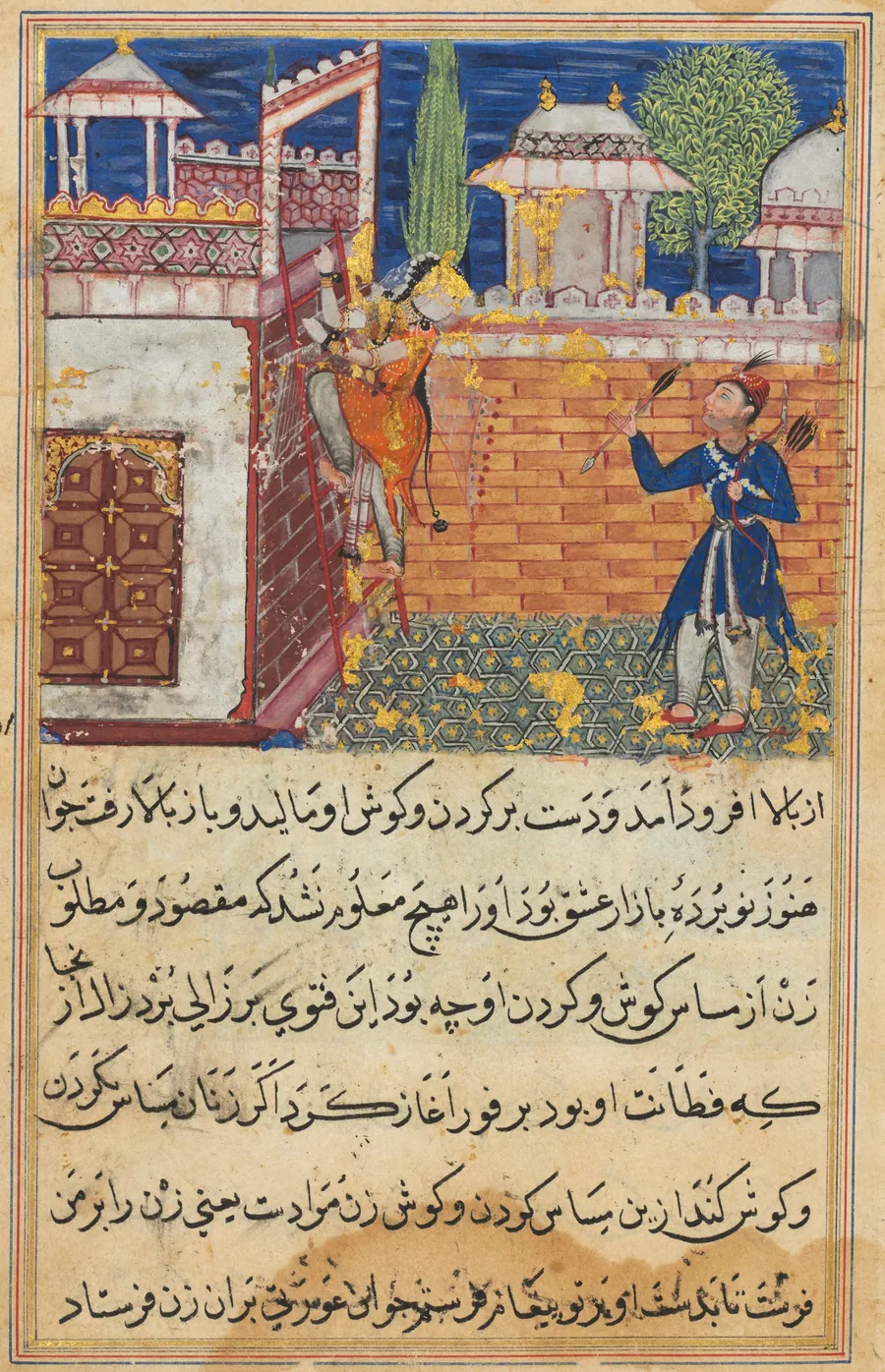 The deceitful wife returns to her terrace after caressing her lover, from a Tuti-nama (Tales of a Parrot): Eighth Night by Shravana