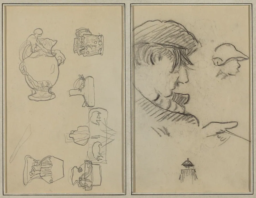 Studies of Jugs and Vases; A Man with Moustache and a Boy with a Hat [recto] by Paul Gauguin