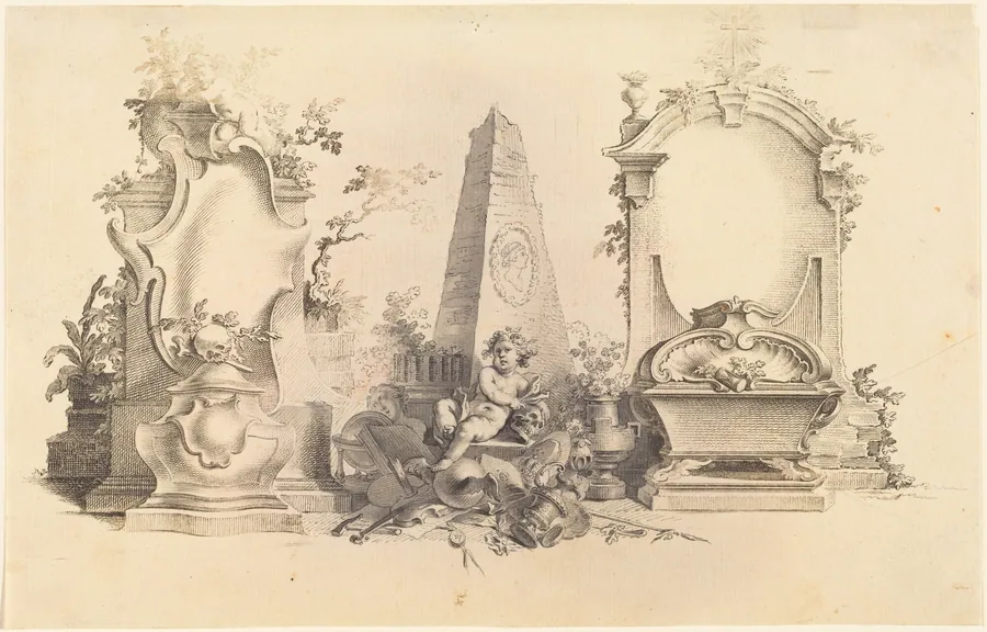 Cartouche Moderne with Emblems of Death by Johann Esaias Nilson