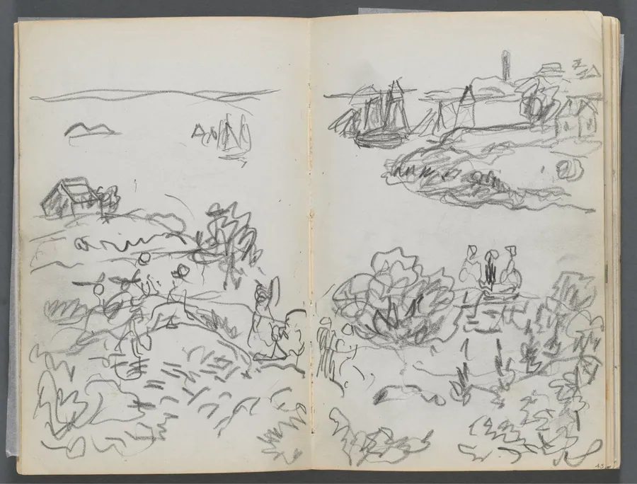 Sketchbook, The Dells, N° 127, page 042 & 43: Cove with Boats and Figures by Maurice Prendergast