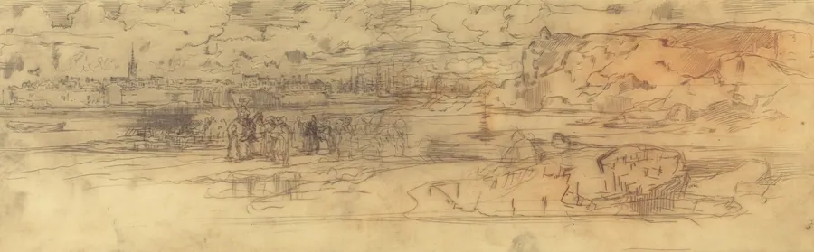 Estuary with a Fortified Seaport at Left and Cliffs at Right by Félix-Hilaire Buhot