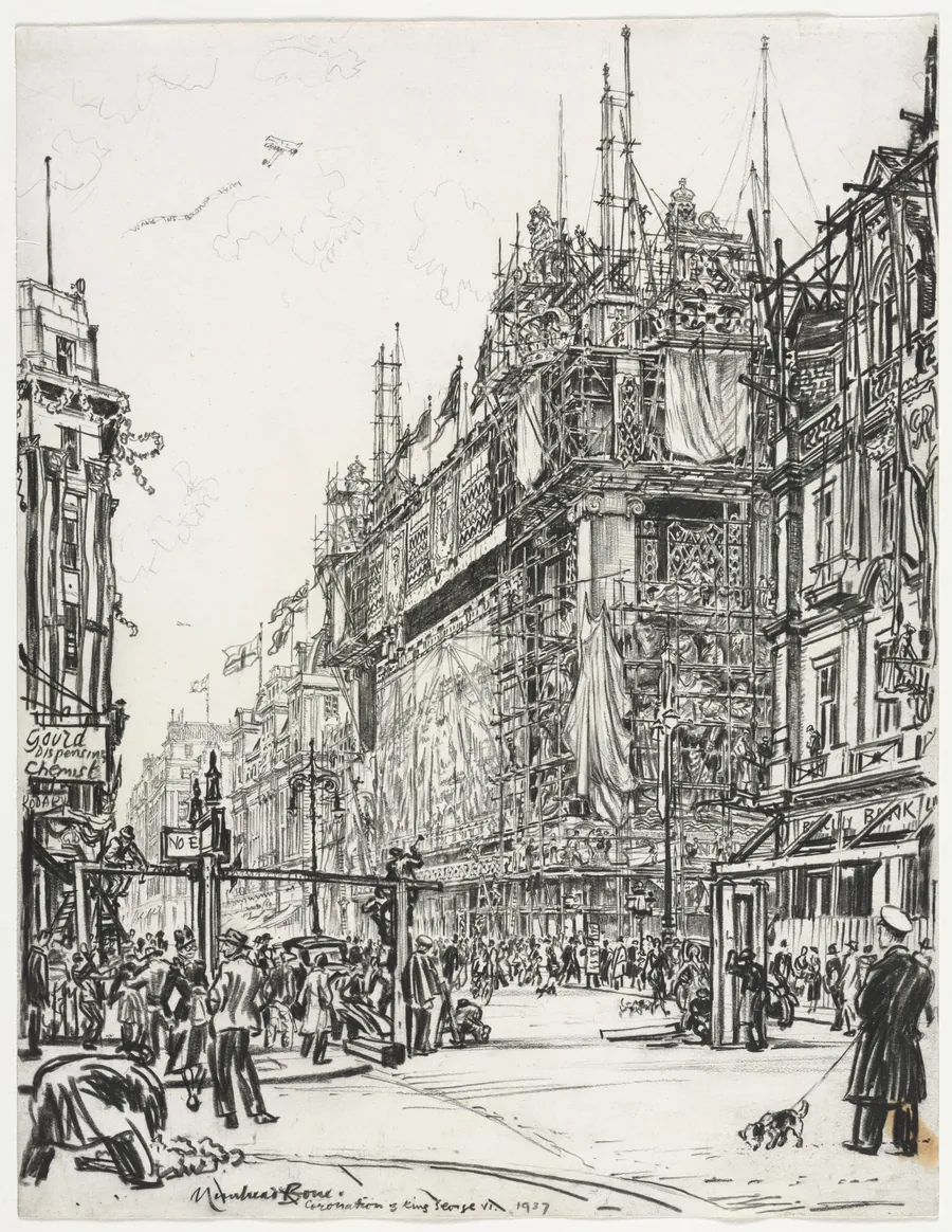 Selfridges, Oxford Street; Coronation of George VI by Muirhead Bone
