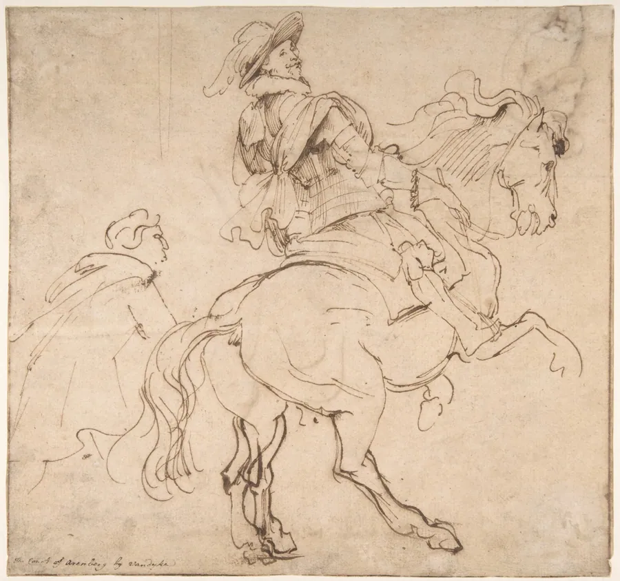 Study for an Equestrian Portrait, Possibly that of Albert de Ligne, Count of Arenberg; verso: Various Studies of Statues and Figures, Including the Venus Pudica and Scipio and his Lictor by Anthony van Dyck