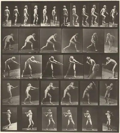Plate Number 521. A: Walking. B: Ascending step. C. Throwing disk. D: Using shovel. E, F. Using pick