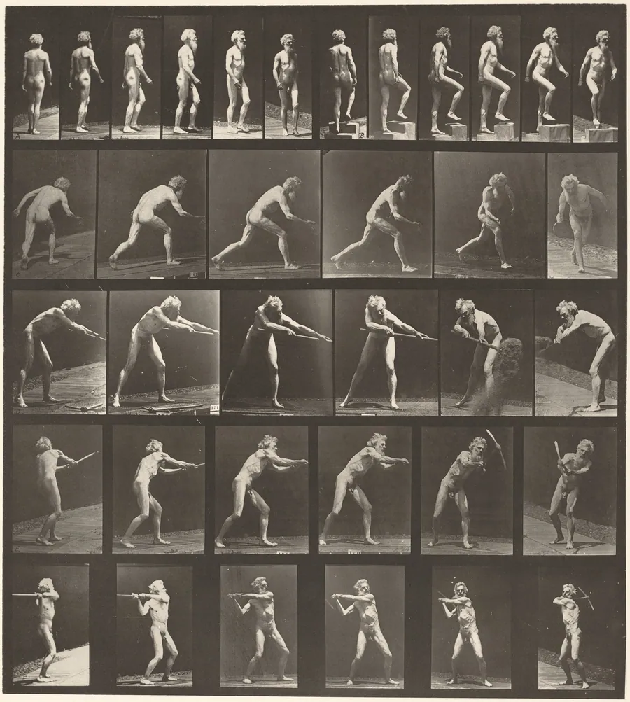Plate Number 521. A: Walking. B: Ascending step. C. Throwing disk. D: Using shovel. E, F. Using pick by Eadweard Muybridge
