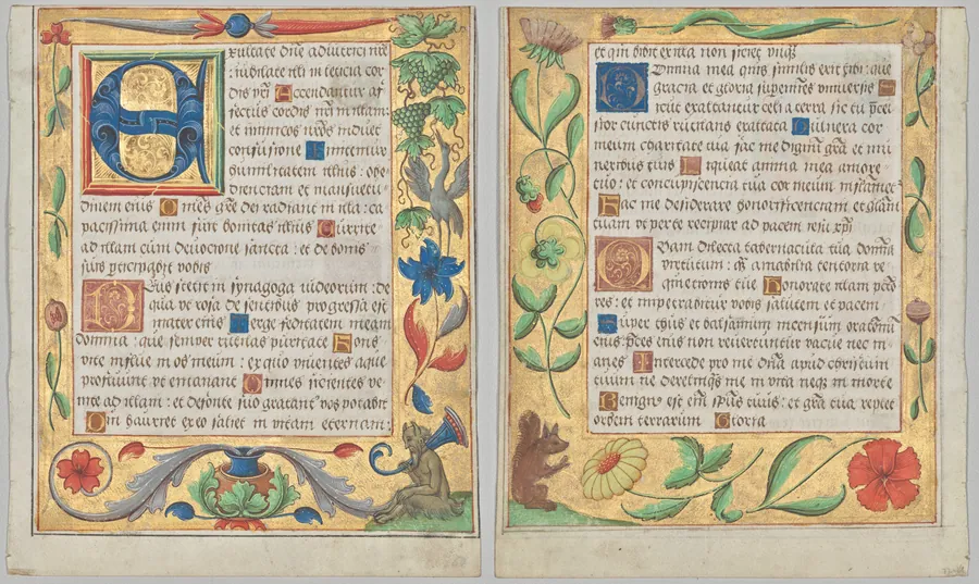 Leaf from a Psalter and Prayerbook: Initial E with Ornamental Border Containing a Seated Satyr and a Bird Eating Grapes (recto) and Ornamental Border with Flowers and Squirrel (verso) (2 of 3 Excised Leaves)