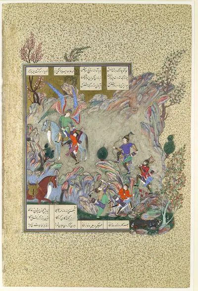 "The Angel Surush Rescues Khusrau Parviz from a Cul-de-sac", Folio 708v from the Shahnama (Book of Kings) of Shah Tahmasp