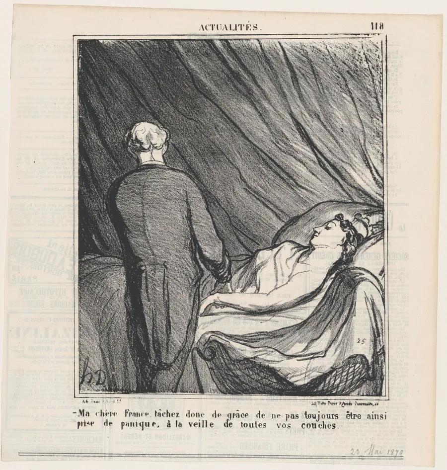 My dear France, I urge you not to panic every time before your delivery!, from 'News of the day,' published in Le Charivari, March 23, 1870 by Honoré Daumier