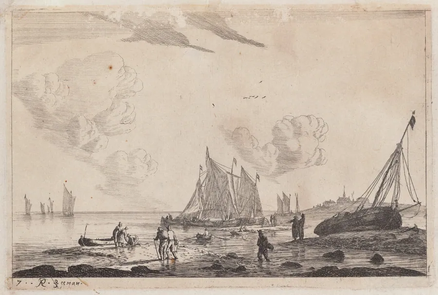 Beach Scene with Ketches and other Fishing Boats by Reinier Nooms, called Zeeman