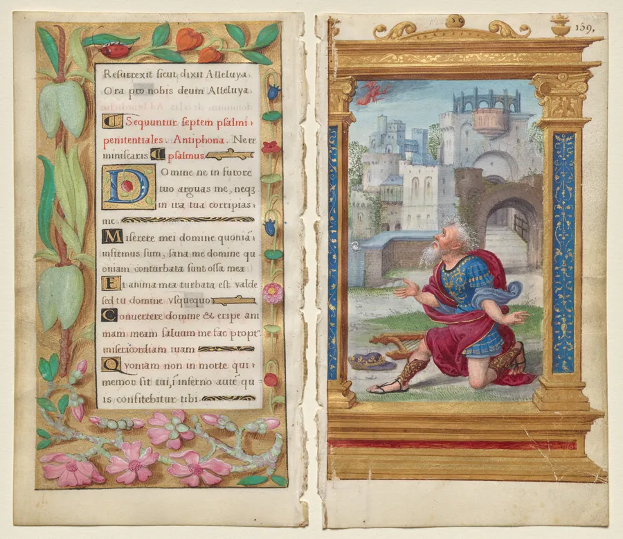 Adjoining Leaves from a Book of Hours: Penitential Psalms and King David in Prayer (2 of 3 Excised Leaves) by Noël Bellemare