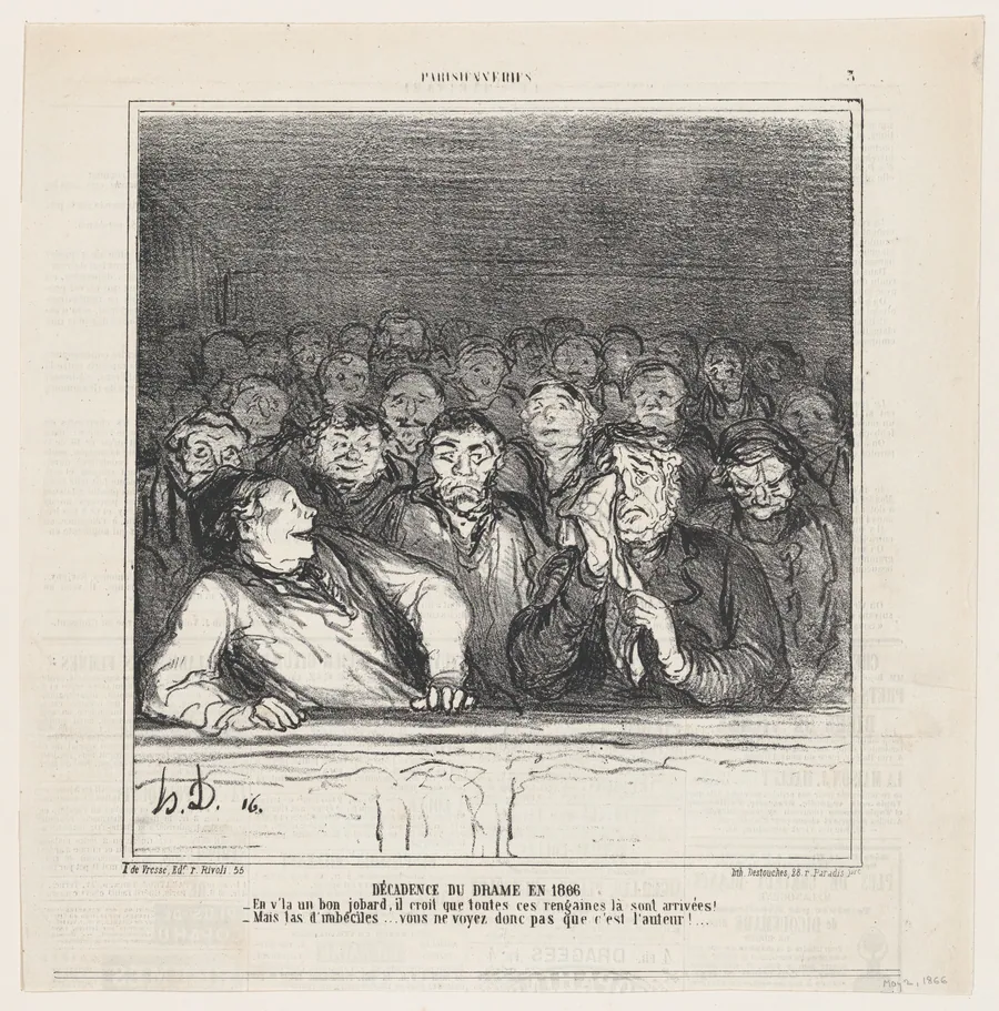 The decline of the drama in 1866, from 'Parisian habits,' published in Le Charivari, May 2, 1866 by Honoré Daumier